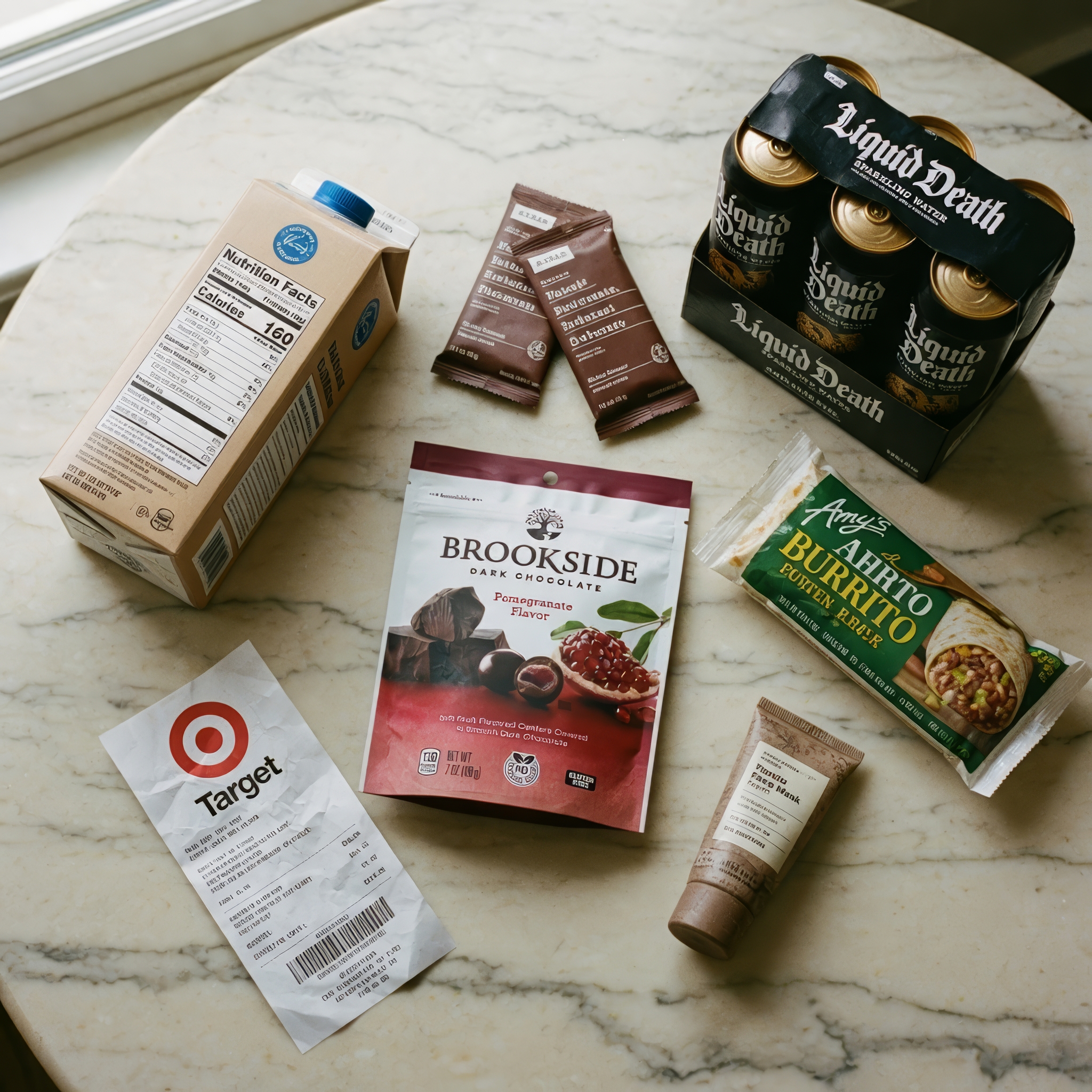 Target cart flat lay — Brookside bag among weekly staples on cream marble